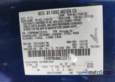 2012 Ford Mustang V6 из США, поврежденный, VIN 1ZVBP8AM6C5271931